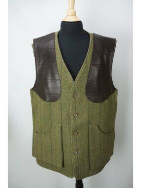 Holland & Holland Green Herringbone Tweed Leather Shoulder Shooting Vest Sz XL